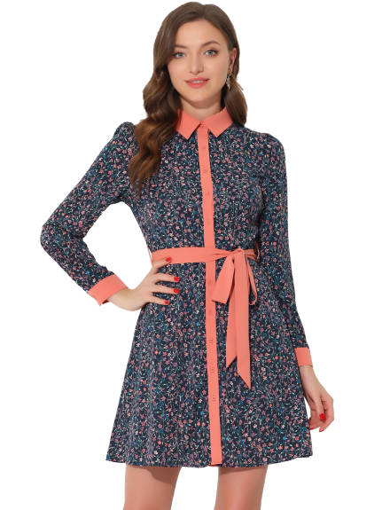 Allegra K- Contrast Collar Floral Shirt Dress