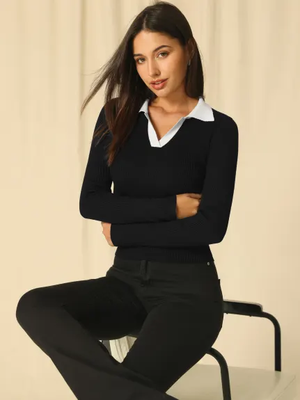 Hobemty- Fitted Knit Contrast Color Polo Top