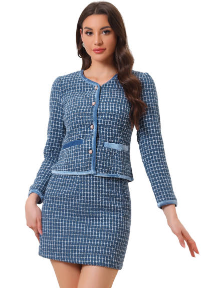 Allegra K - Plaid Tweed Short Blazer Skirt Sets