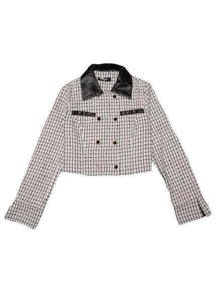 Allegra K - Contrast Collar Tweed Plaid Blazer