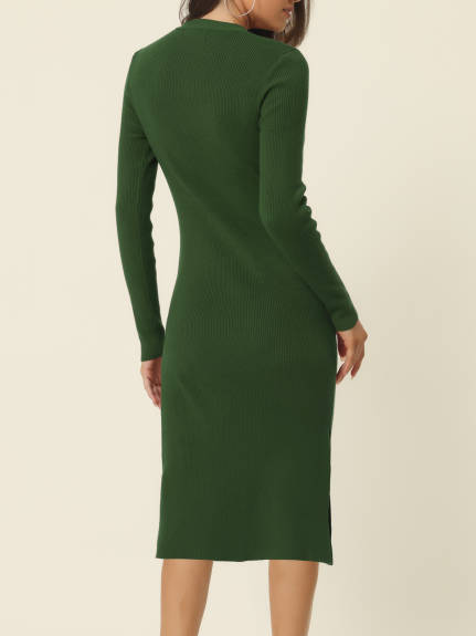 Allegra K - Square Neck Long Sleeve Ribbed Knit Dress