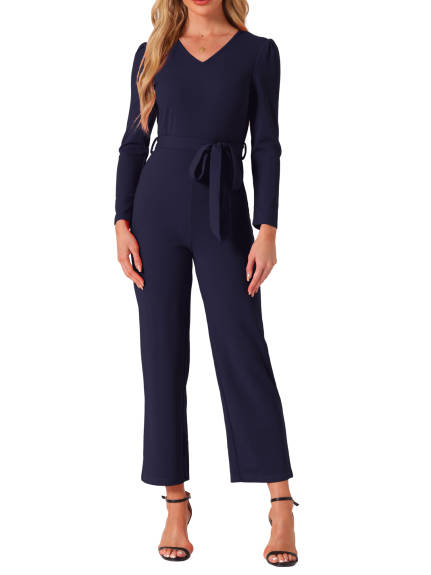 Allegra K - V Neck Long Sleeve Tie Waist Jumpsuit