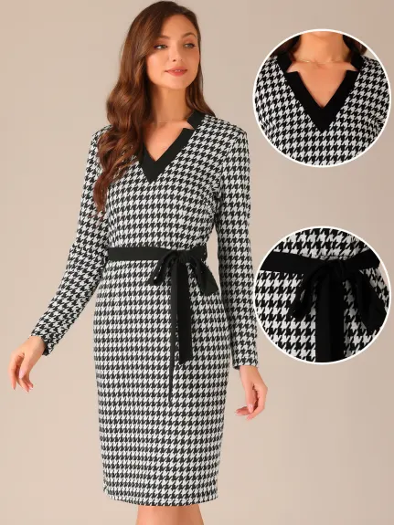 Allegra K - V Neck Houndstooth Knit Belted Pencil Dress