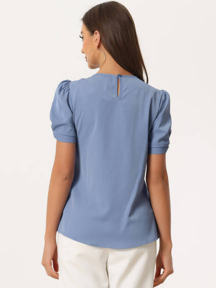 Allegra K- Puff Sleeve Round Pleated Neck Top