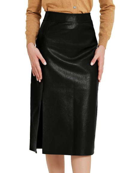 Allegra K - Faux Leather Side Slit Pencil Skirt