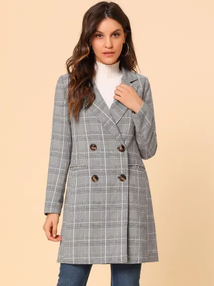 Allegra K- Notched Lapel Double Breasted Plaid Blazer