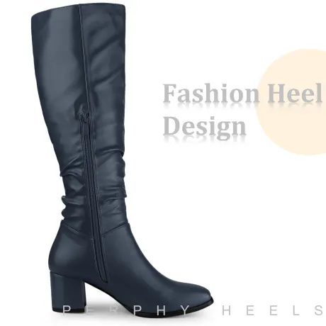 Allegra K - Slouch Square Toe Block Heel Knee High Boots