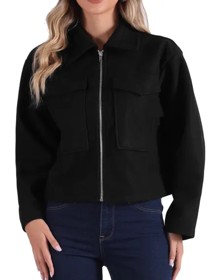 Allegra K - Lapel Collar Zipper Cropped Coat