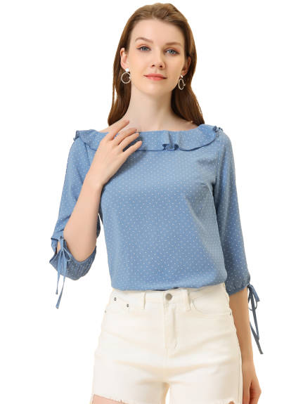 Allegra K- Ruffled Neck Half Sleeve Sheer Polka Dots Blouse