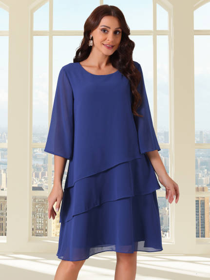 Allegra K - Chiffon Crewneck Tiered Layered Dress