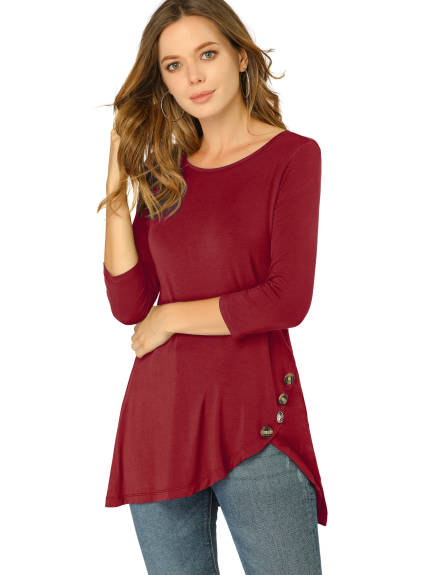 Allegra K- 3/4 Sleeve Tunic Asymmetry Button Top