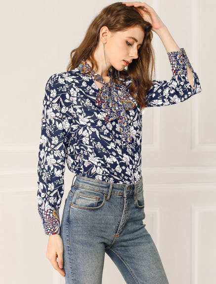 Allegra K- Bow Tie Long Sleeve Contrast Color Floral Blouse