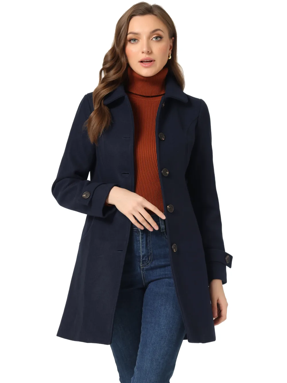 Allegra K- Peter Pan Collar Outwear Trench Peacoat