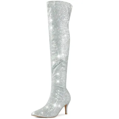 Allegra K - Glitter Pointed Toe Stiletto Heels Over the Knee Boots