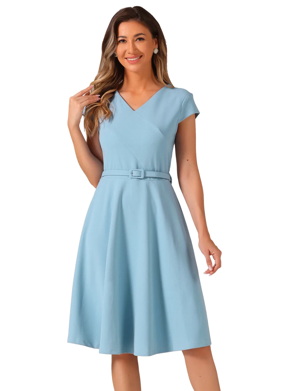 Allegra K - Belted V-Neck Cap Sleeve Knee Length Dress