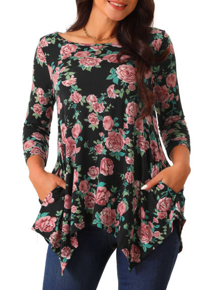 Allegra K - Floral 3/4 Sleeve Asymmetrical Tunic Top