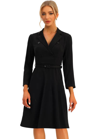 Allegra K- Elegant Notched Collar Belted Pleated Dress