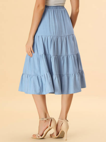 Allegra K- Elastic Waist Tiered A-Line Midi Skirt