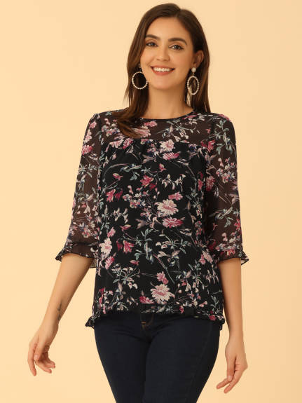 Allegra K- Floral Ruffled 3/4 Sleeve Blouse