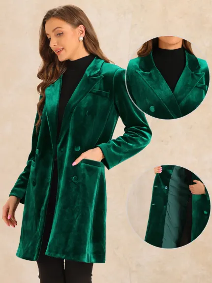 Allegra K - Velvet Double-Breasted Long Winter Coat