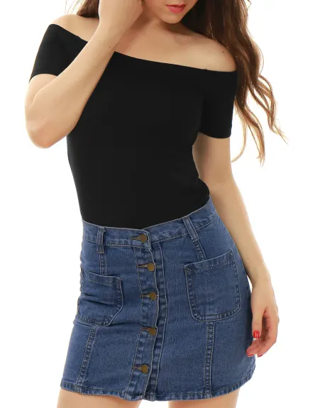 Allegra K- Off Shoulder Solid Slim Fit Tees