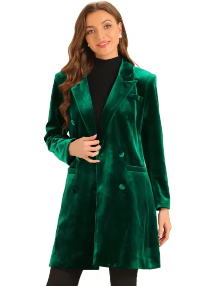 Allegra K - Velvet Double-Breasted Long Winter Coat