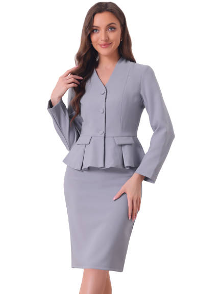 Allegra K - Collarless Peplum Blazer Skirt Business Suit