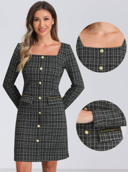 Allegra K - Tweed Plaid Long Sleeve Sheath Dress