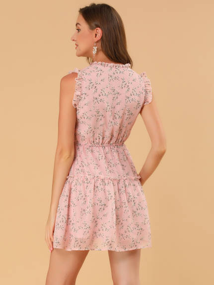 Allegra K- Floral Ruffle Sleeveless Tie Neck Chiffon Flowy Mini Dress