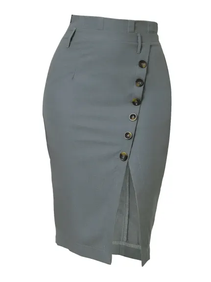 Allegra K - Button Decor Split Belted Pencil Skirt