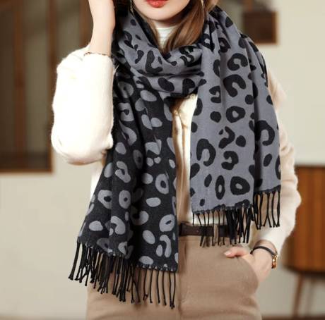 Leopard Print Fringe Scarf in Gray and Black - Don't AsK