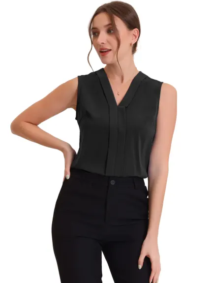 Allegra K - Pleated Front V Neck Sleeveless Work Blouse