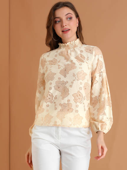 Allegra K- Ruffle Mock Neck Floral Lace Sheer Blouse