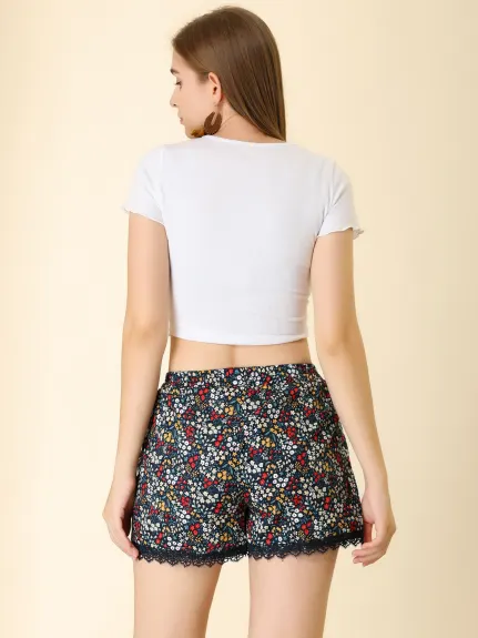 Allegra K - Elastic Waist Lace Trim Summer Floral Shorts