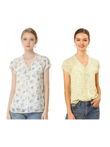 Allegra K- V Neck Summer Floral Chiffon Blouse 2-Pack