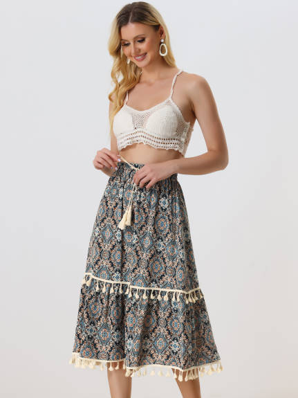 Allegra K- Elastic Waist Tiered Tassel Skirt