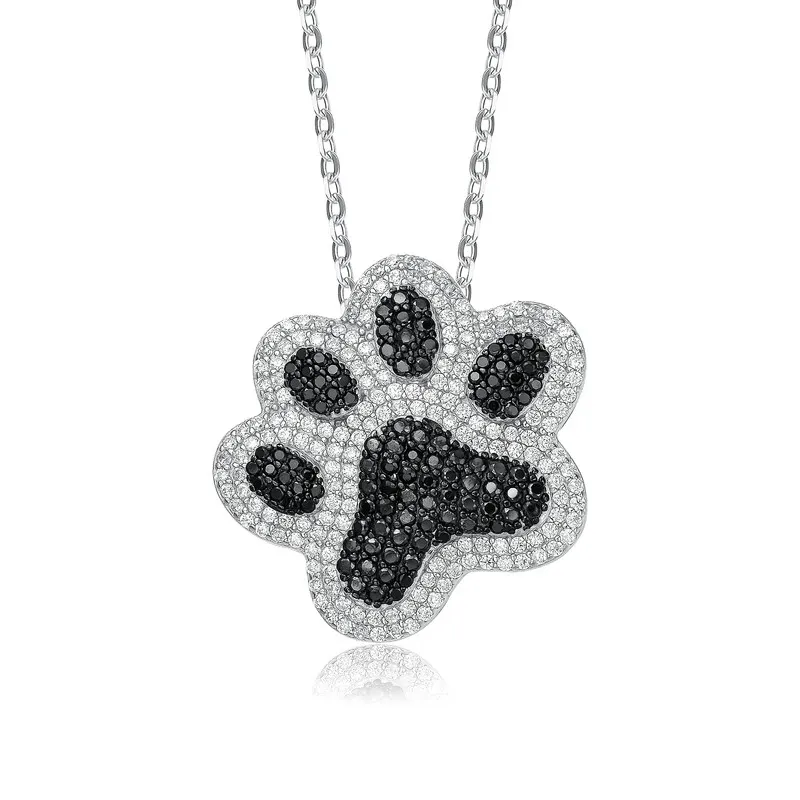 Genevive Sterling Silver Two-Tone with Black & White Cubic Zirconia Cat Dog Pet Paw Pendant Necklace