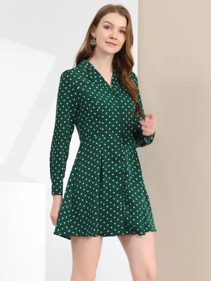 Allegra K- Polka Dots Notched Lapel V-Neck Shirt Dress