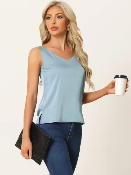 cheibear - V Neck Satin Lounge Tank Top