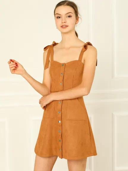 Allegra K- Faux Suede A Line Short Button up Overall Dress