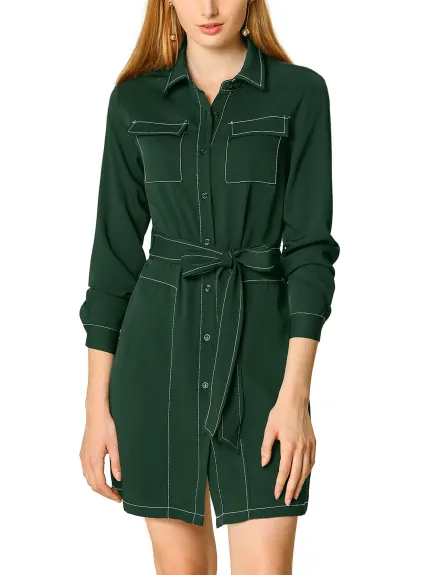 Allegra K- Button Up Belted Long Sleeve Shirt Dress