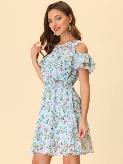 Allegra K- Cold Shoulder Smocked Waist Chiffon Floral Mini Dress