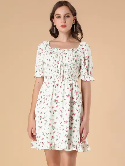 Allegra K- Puff Sleeve Square Neck Ruffled Hem Floral Smocked Dress