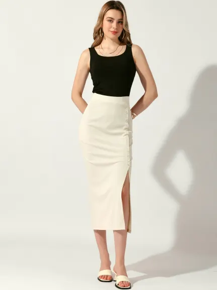 Allegra K - Side Split Ribbed Knit Pencil Skirt