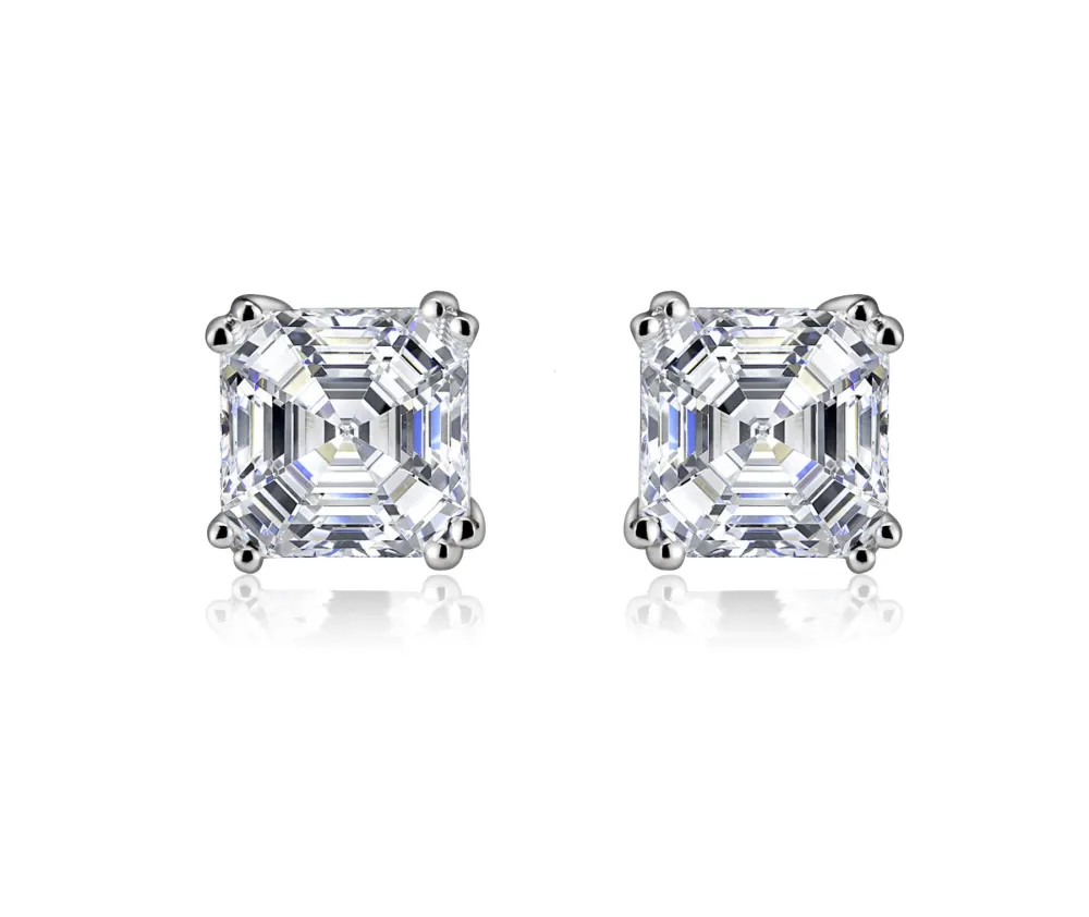 Genevive Cubic Zirconia Sterling Silver Assher Cut Square White or Gold Plated Stud Earrings