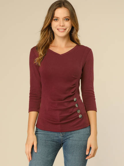 Allegra K- V Neck 3/4 Sleeve Knitted Button Decor Ruched Top