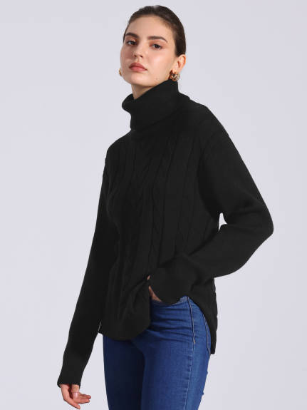 Allegra K - Turtleneck High Low Split Oversized Sweater