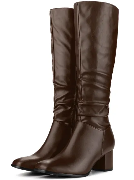 Allegra K - Slouch Square Toe Block Heel Knee High Boots