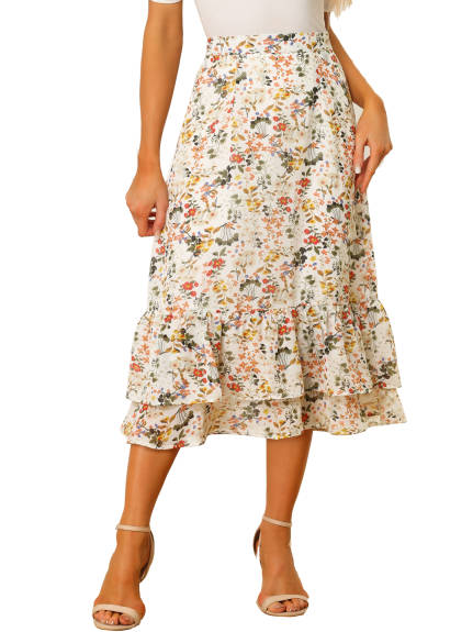 Allegra K- Zipper Printed Chiffon Ruffle Tiered Midi Skirt