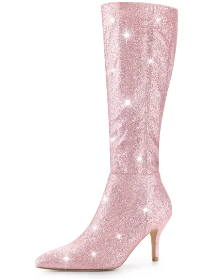 Allegra K - Glitter Stiletto Heel Knee High Boots